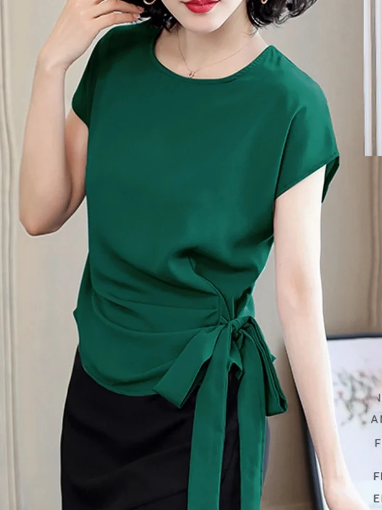 Fashion Summer Short Sleeve Silk Women\'s Blouse Office Lady Elegant Bow Shirts Casual Loose Clothing