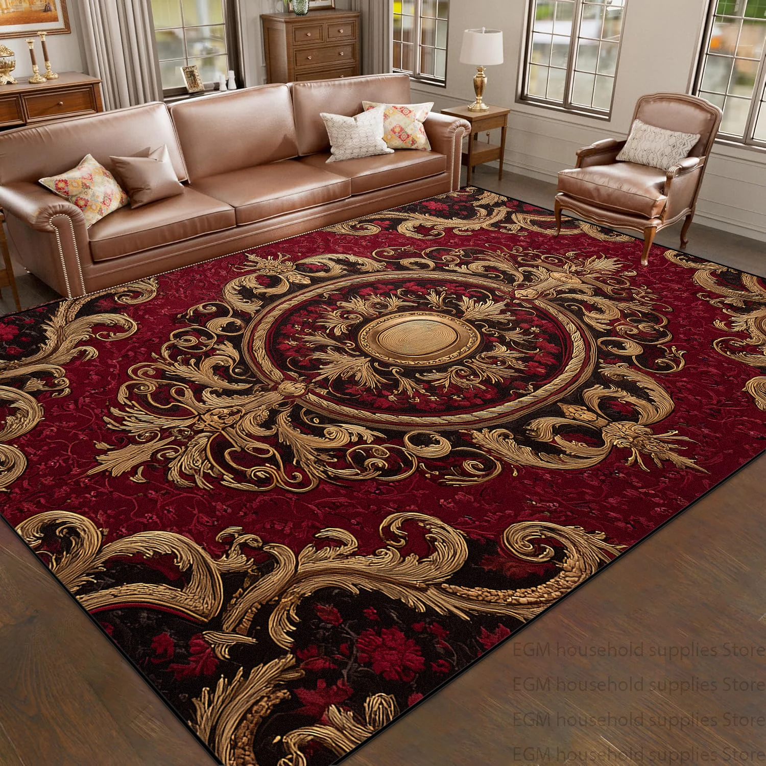 Vintag Red Golden E European Floral Flannel Carpet Large Living Room Luxury Home Decor Rug Anti-slip Washable Bedroom Floor Mats