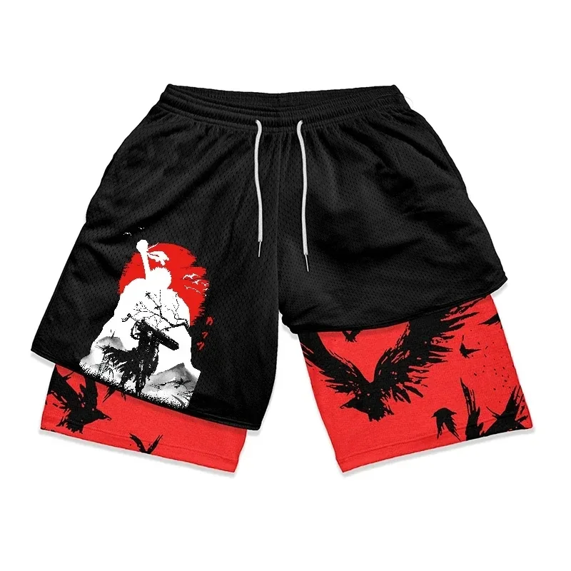 Men\'s Sports Shorts Fashionable Anime Print Double Layer Shorts Breathable Two-in-one Jogging Fitness Casual Shorts S-5XL