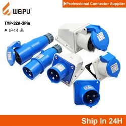 WEiPU Industrial plug 3Pin 32A IP44 Electric Power Plug Docking Wall Surface Mount Socket waterproof Connector for Factory