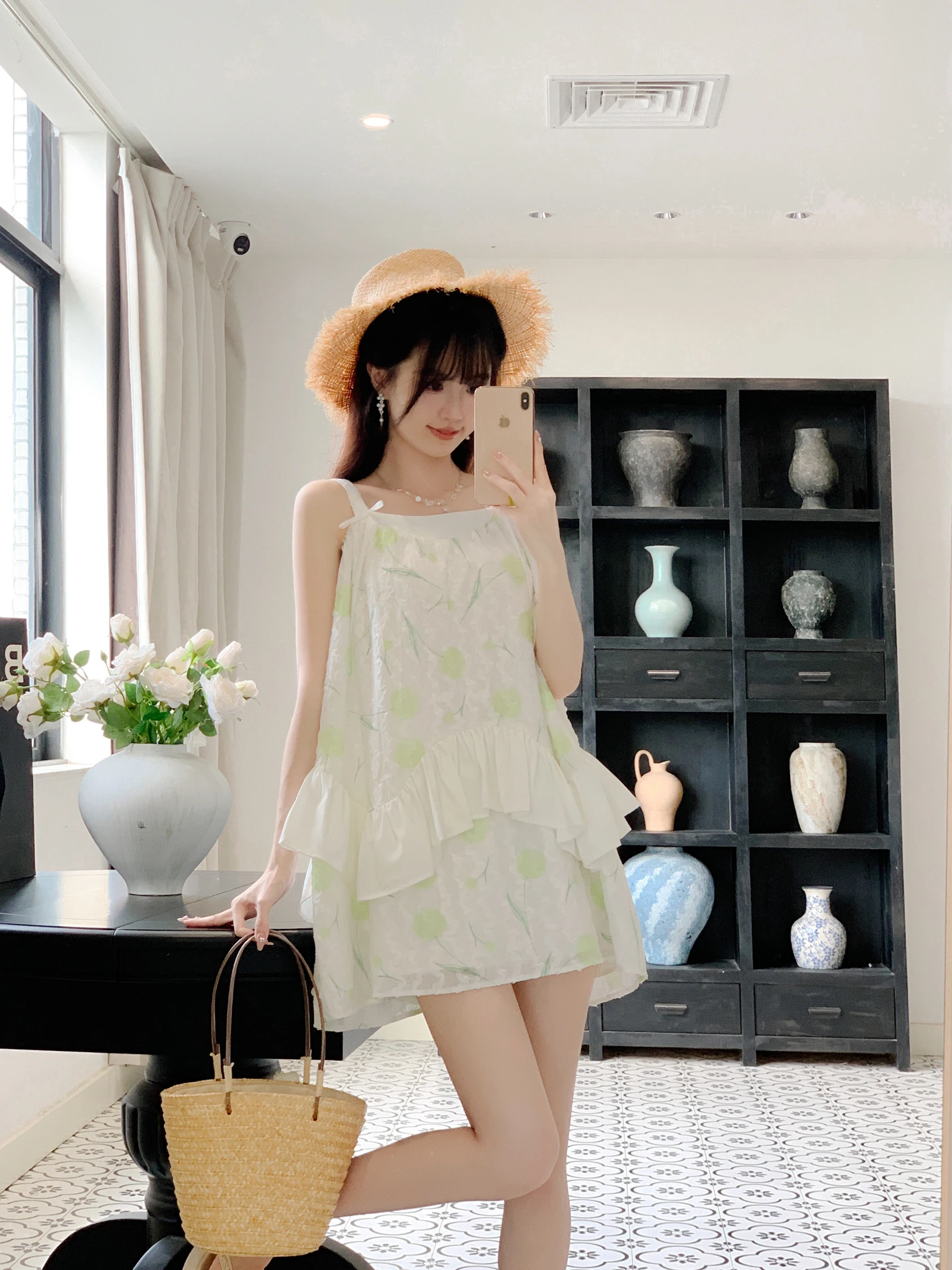 

Floral Moonlight Sweet Soft Loose Strap Dress Women's Korean Style Casual No Chest Pad Loose Waist Polyester A-Line Skirt