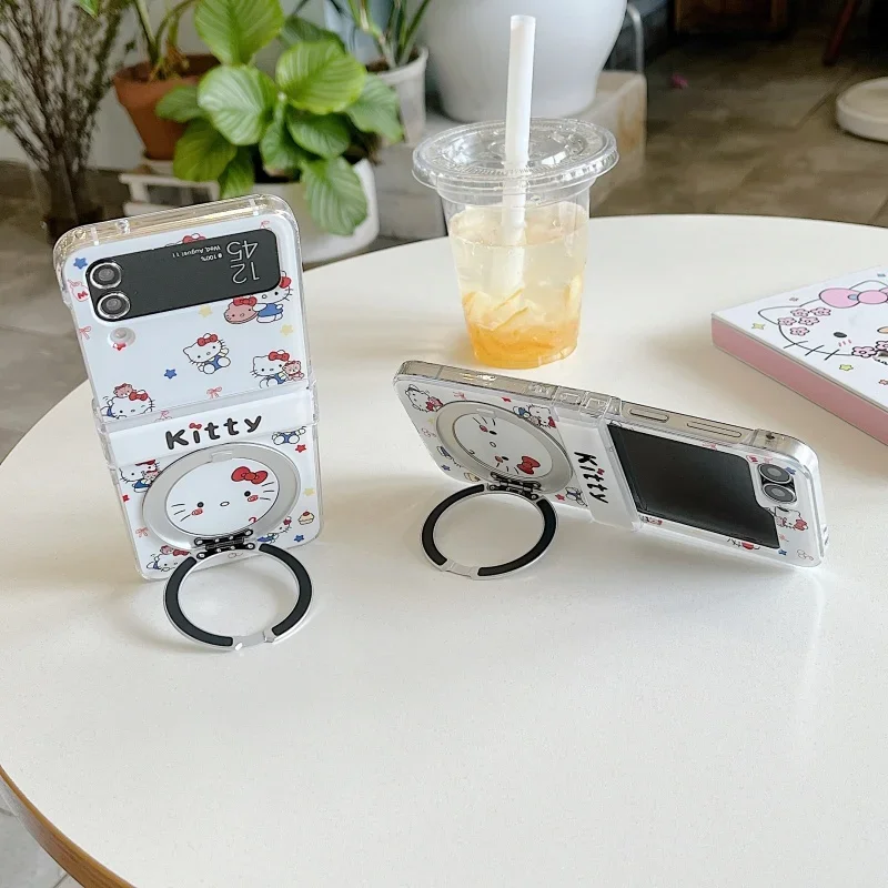 Capa de Celular com Emoji de Estrela Fofa da Hello Kitty e Suporte Magnético Rotativo 360 para Samsung Galaxy Z Flip 7 6 5 4 3 com Cordão