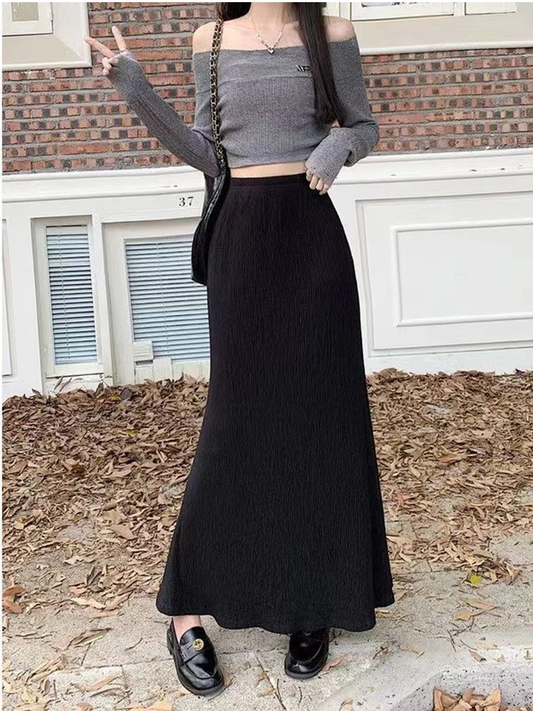 Fall Bodycon Skirt Solid Long Skirt Women Korean Slim Fit Skirt High Waist Elegant Simple Lady Skirts