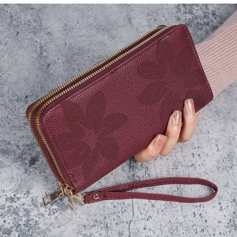 Neue Doppel-reißverschluss Große Kapazität Lange Brieftasche für Frauen Mode Multi-schicht Telefon Münze Karte Geldbörse Floral Geprägte PU leder – Detail 16
