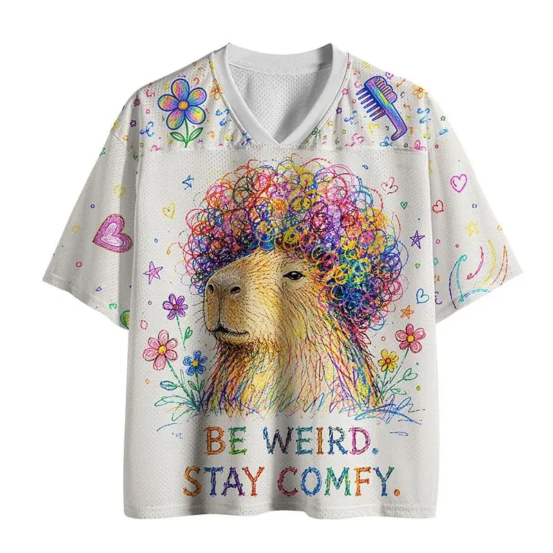 2026 Popular V-neck Mesh T-shirt with Fun Printed Short Sleeved T-shirt, Retro Streetwear, Loose Oversized Sports Mesh T-shirt