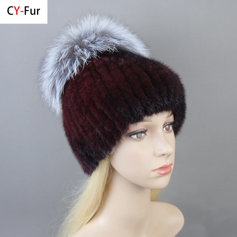 

2024 New Luxury Women Winter Mink Fur Hats Knitted Real Mink Silver Fox Fur Caps Female Russian Winter Warm Real Fur Beanies Hat