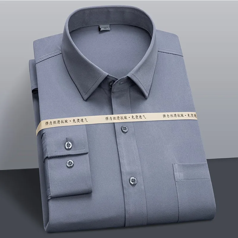 2023 Men Business Office Long Sleeve Standard Stretch Casual Shirts Classic Stretchy Silky Non-iron Dress Shirt Pocketless