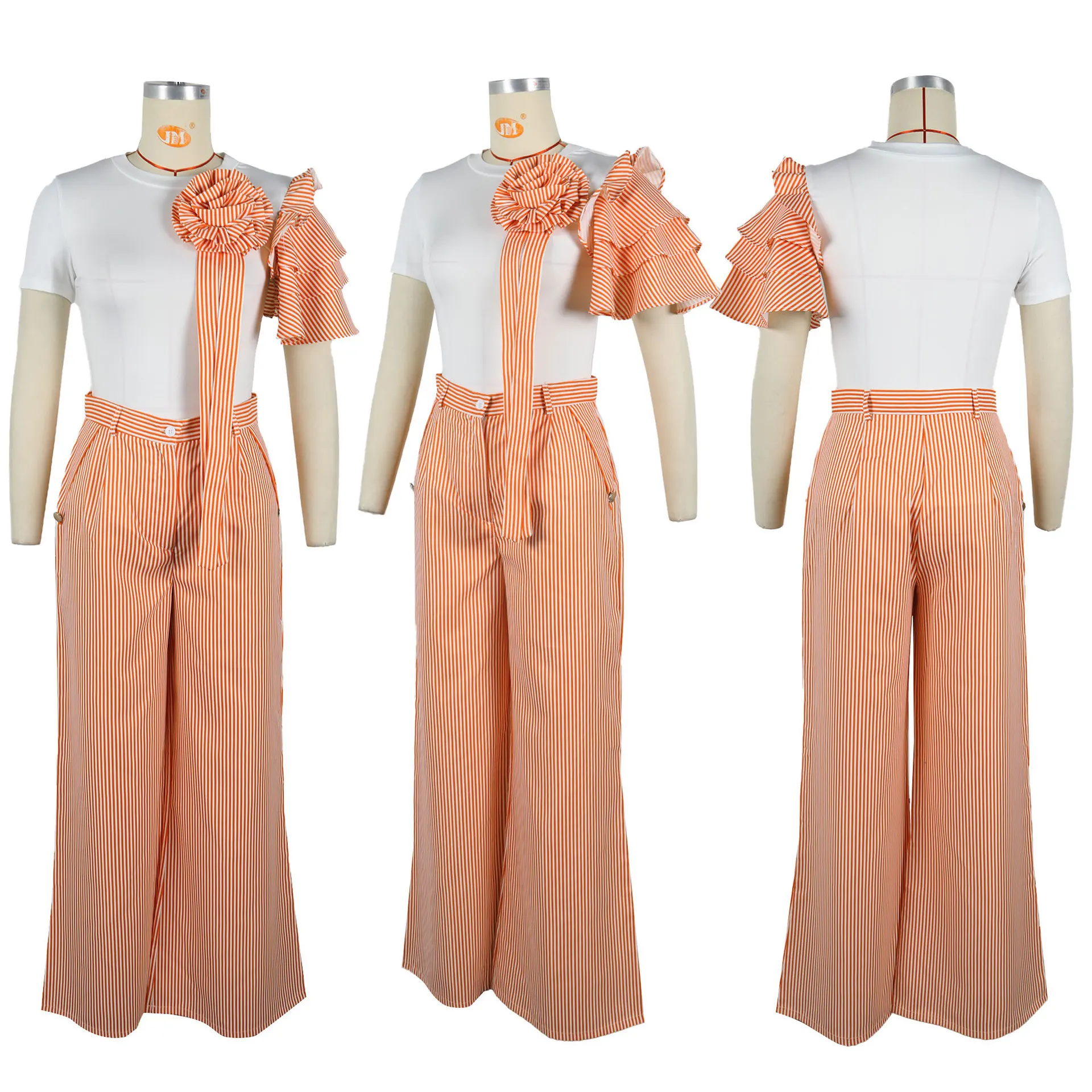 Women's Striped Trousers Suit Short-sleeved O-neck T-shirt Short Flower Vacation Fashion Simple Summer New Style 2-piece Set