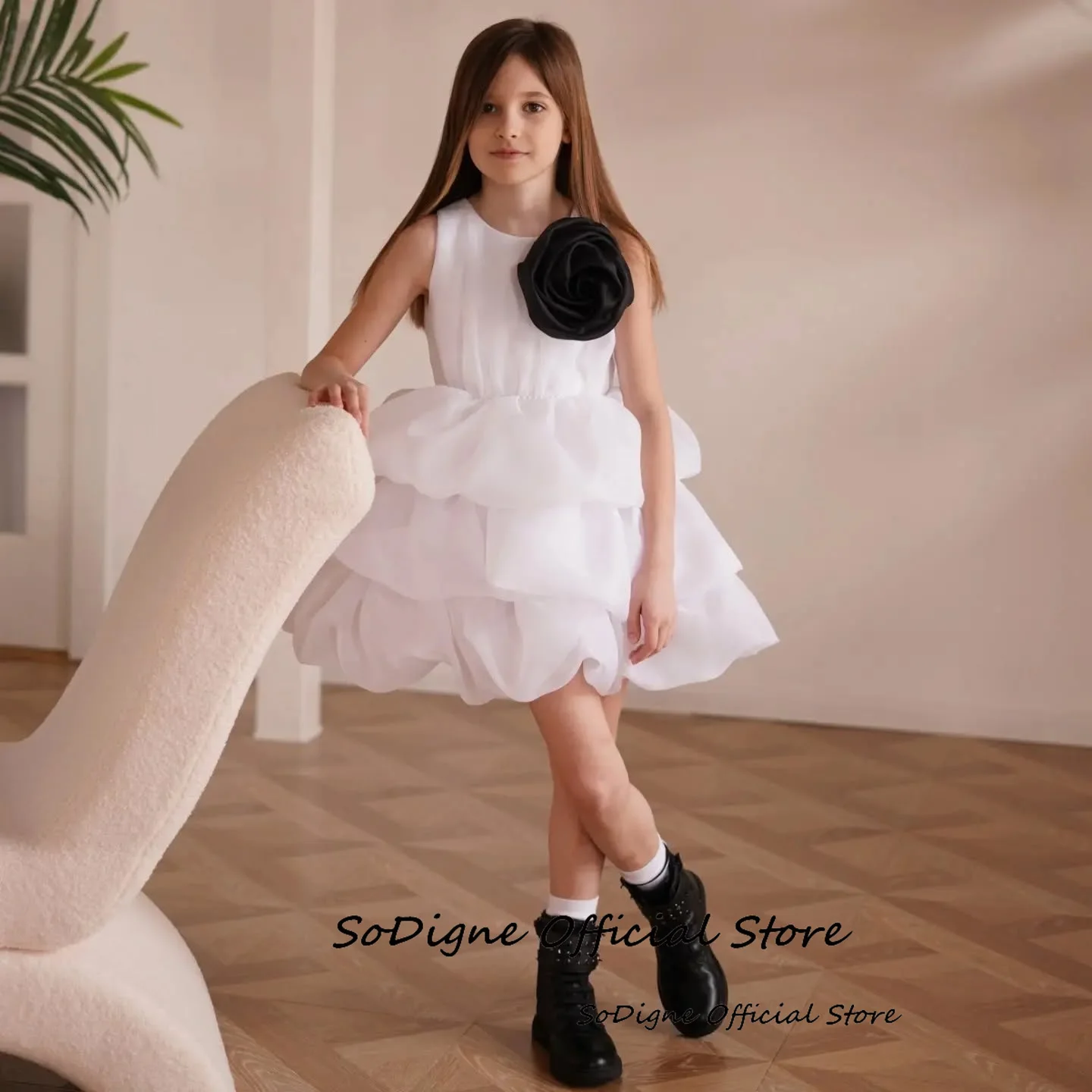 SoDigne A-line Organza Flower Girl Dress Sleeveless O-neck Tiered Short Skirt Girls Party Dresses 2025 Kid Gown Customized