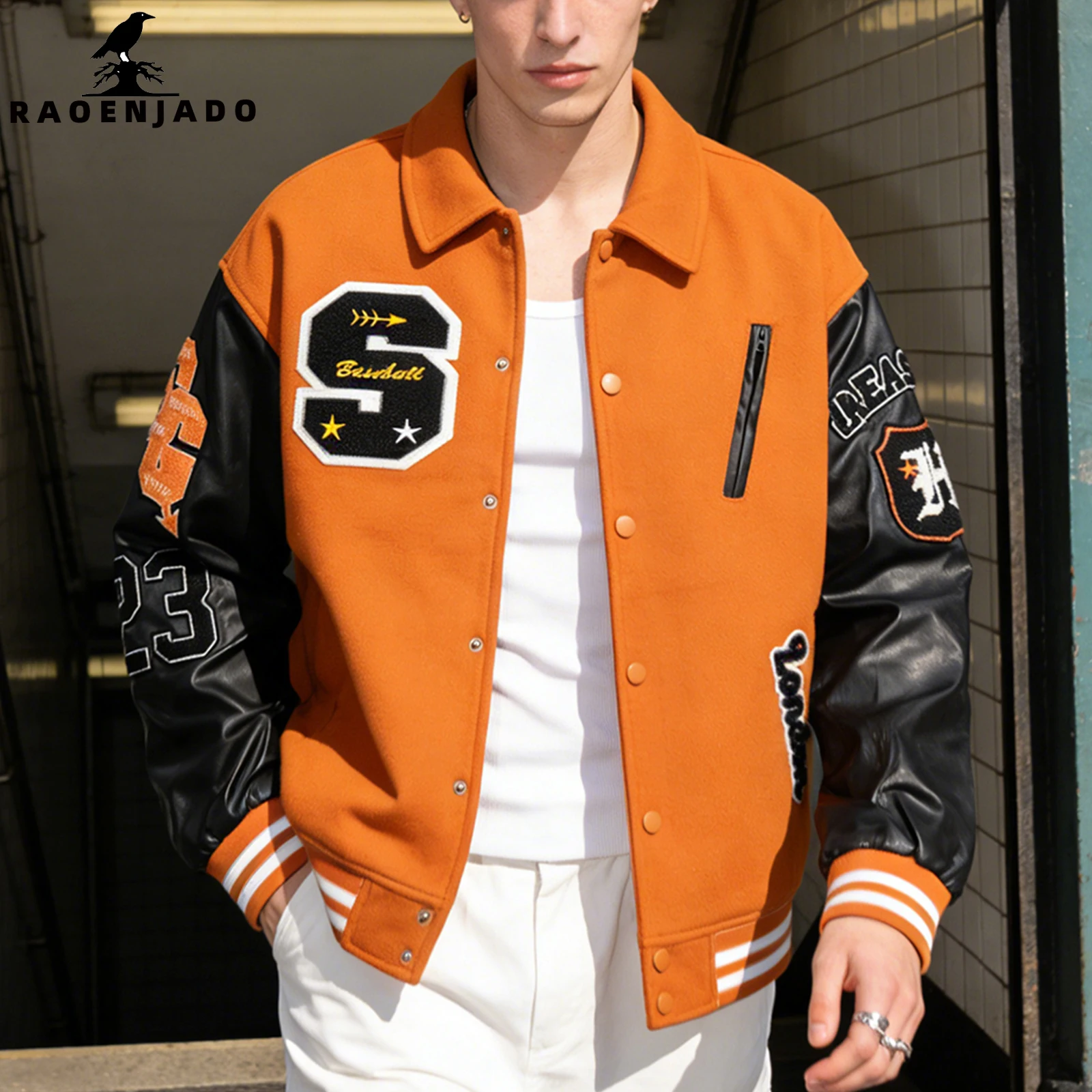 Men's Letterman Jacket Vintage Varsity Coat Patchwork Baseball Streetwear Outerwear with Faux Leather Sleeves & Fine Embroidery view 3