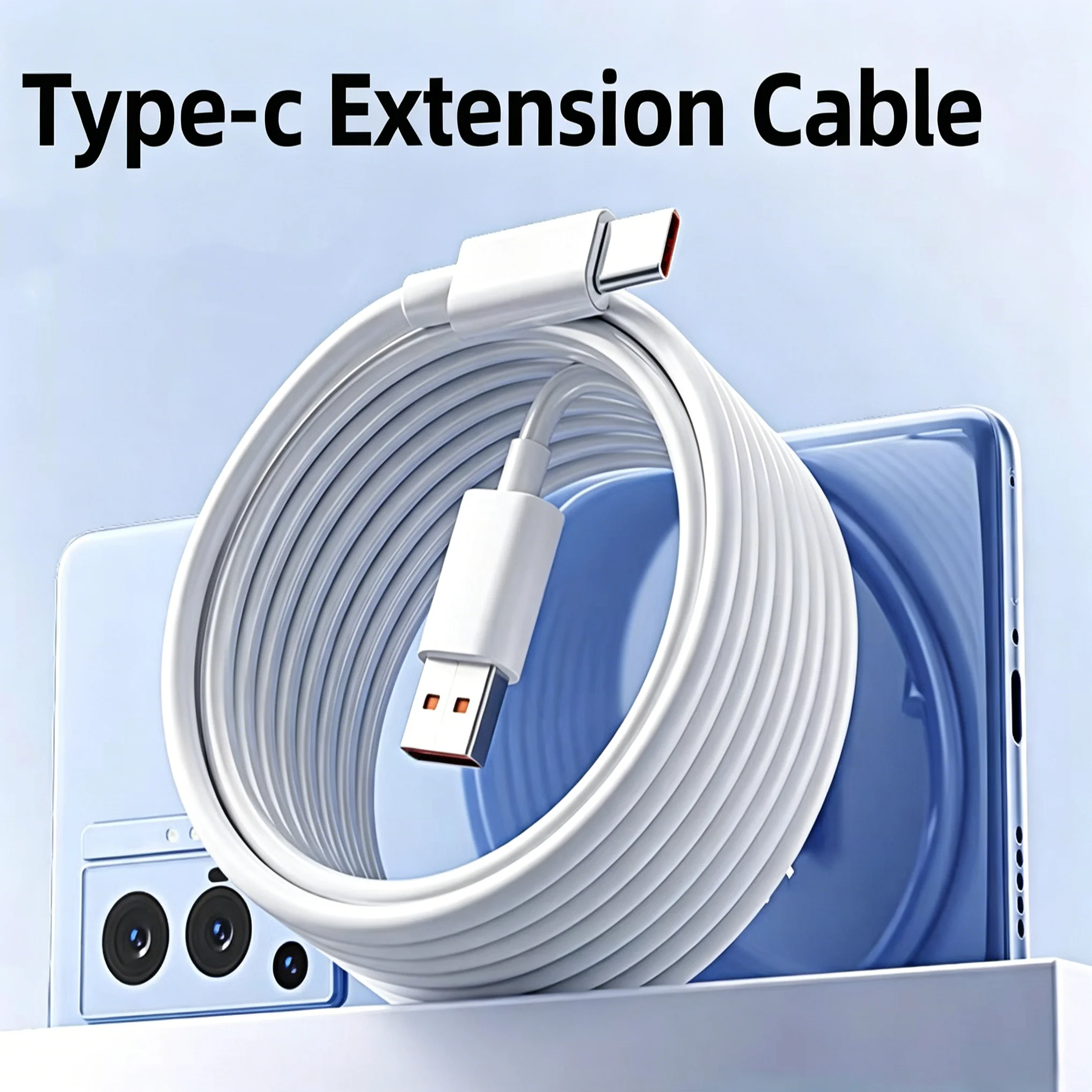 6A USB A to Type C Extension Charging Cable Long Distance Data Sync Cord 1M 2M 5M 6M 8M Flexible White Wire，Micro USB 0.3m Cable