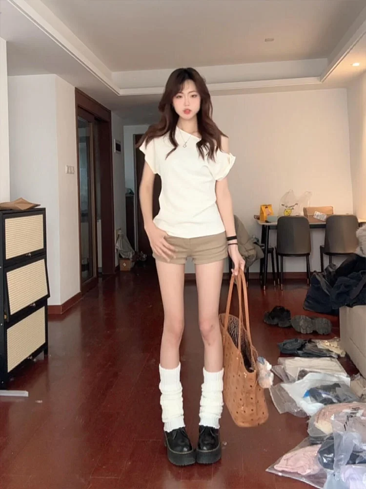 

American Sle Spicy Girl Khaki Denim orts Women Summer 2025 New High Waist Elastic Slim Fit Bodycon Hot Pants Casual Wide ...