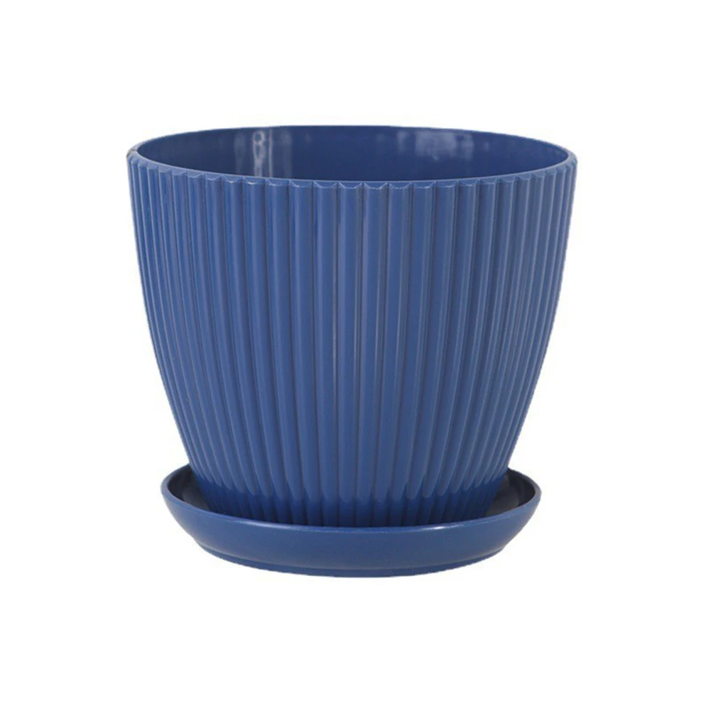 Minimalist Indoor Flower Pot with Straight Grooves and Stable Base with Collection Tray for Desk or Shelf Placement