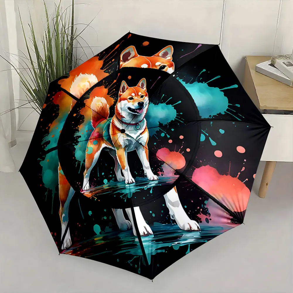 1PC Colorful Shiba Inu Umbrella: A Splash of Style Print 8 Iron Ribs Folding Umbrella Auto-Open Fashion Sunshade