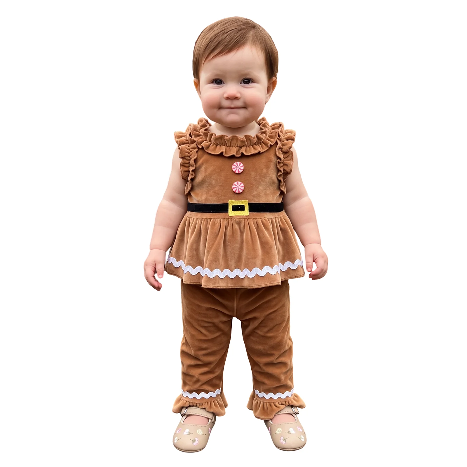 Toddler Girl Christmas Outfits Sleeveless Gingerbread Tops Ruffle Pants