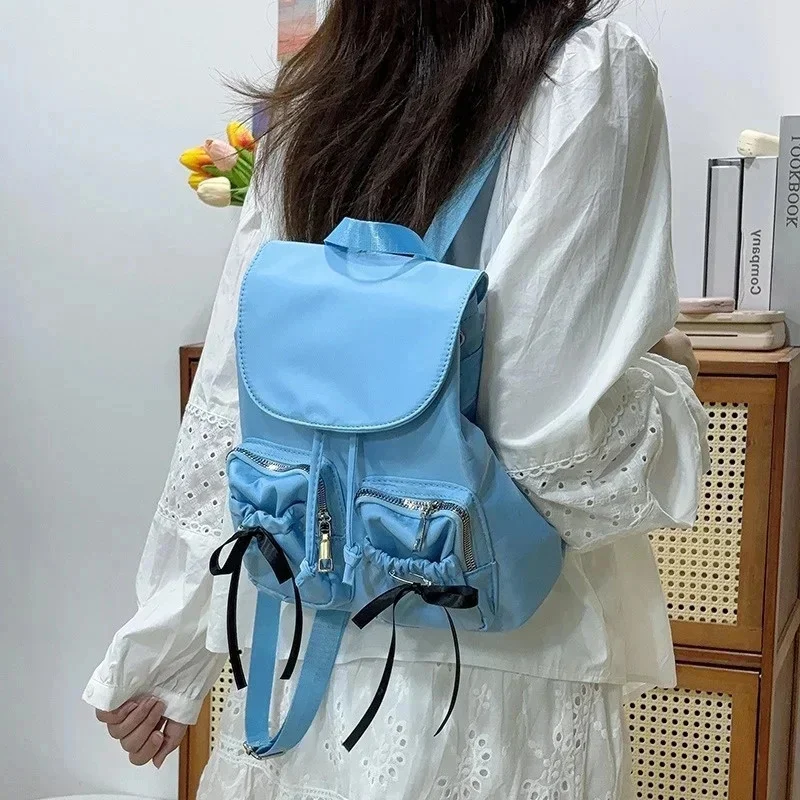 Bow Pockets Nylon Backpack Women Sweet Korean Design Ballet Style Girl Large Capacity Backpack Casual Commuting Versatile Bag