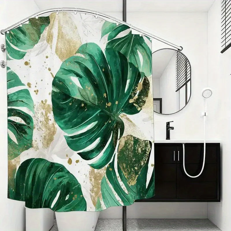 

Занавеска для душа с изображением тропической монстеры – большие зеленые листья с золотыми вкраплениями на кремовом фоне, 12 крючков, водонепроницаемый декор для ванной комнаты