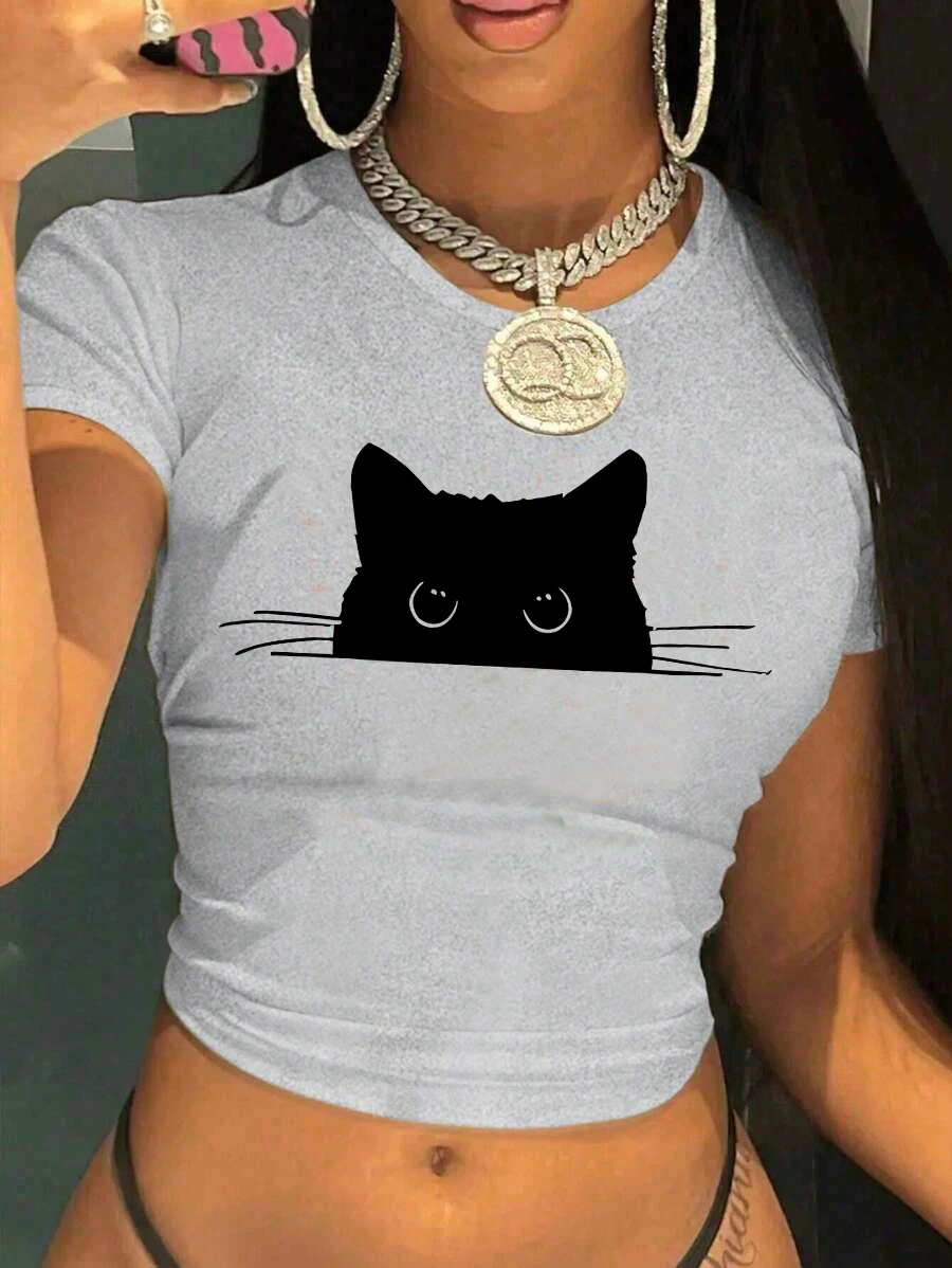 

Sexy Cropped Comfortable Cat T Shirt Print Crop Top Short Sleeve Crew Neck T-shirt for Women Casual Spring Summer Clothing