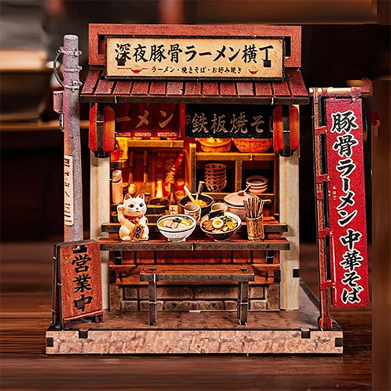 3d three dimensional puzzle model house with light DIY wooden cottage japanese style mini alley ornament exquisite gift for frie