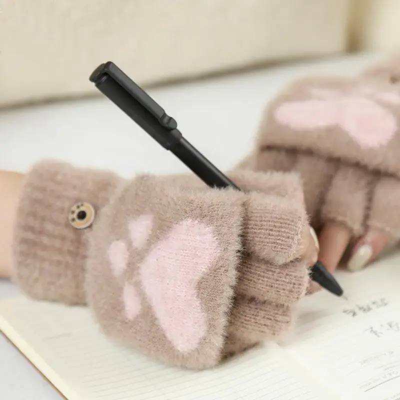 Dicke warme Katzenhandschuhe für Damen, modische Katzenpfoten-Plüschhandschuhe für Mädchen, weiche Plüsch-Kurzhandschuhe, fingerlose Winterhandschuhe. – Detail 2