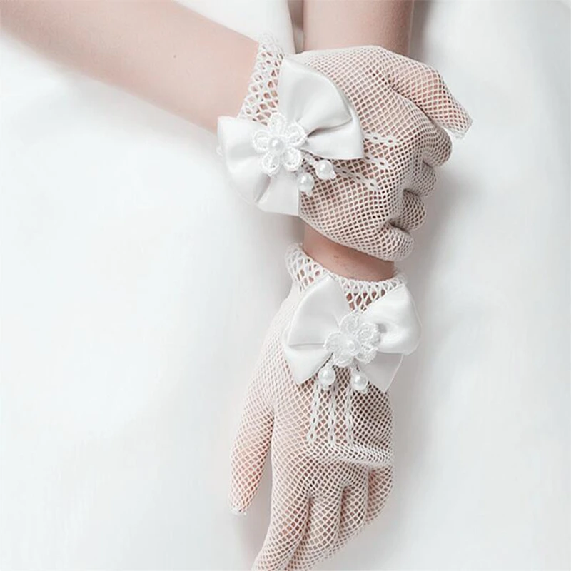 

Exquisite White Lace Faux Pearl Fishnet Gloves Communion Flower For 4-15 Years Girls Kids Bride Party Ceremony Accessories