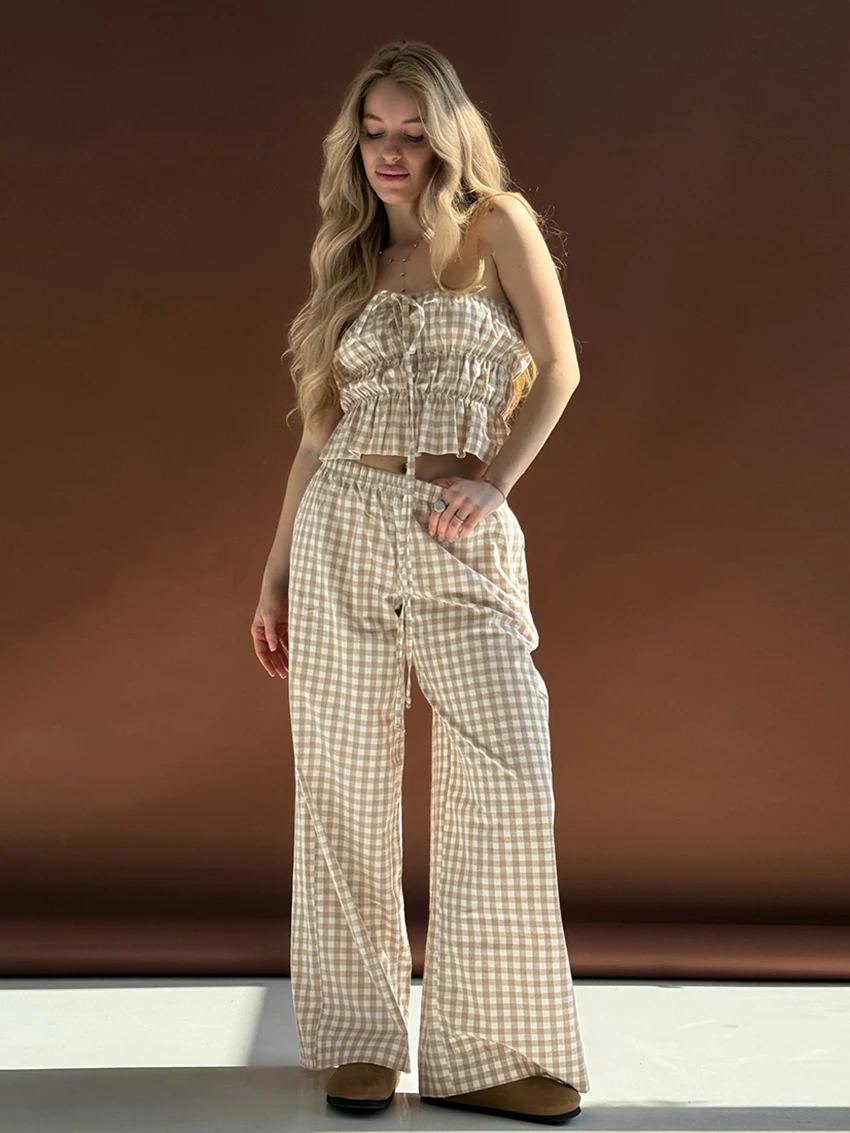 

Marthaqiqi Cotton Female Pajama 2 Piece Suit Tank Top Sleepwear Lace Up Nightwear Sleeveless Nightgowns Pants Casual Nightie Set