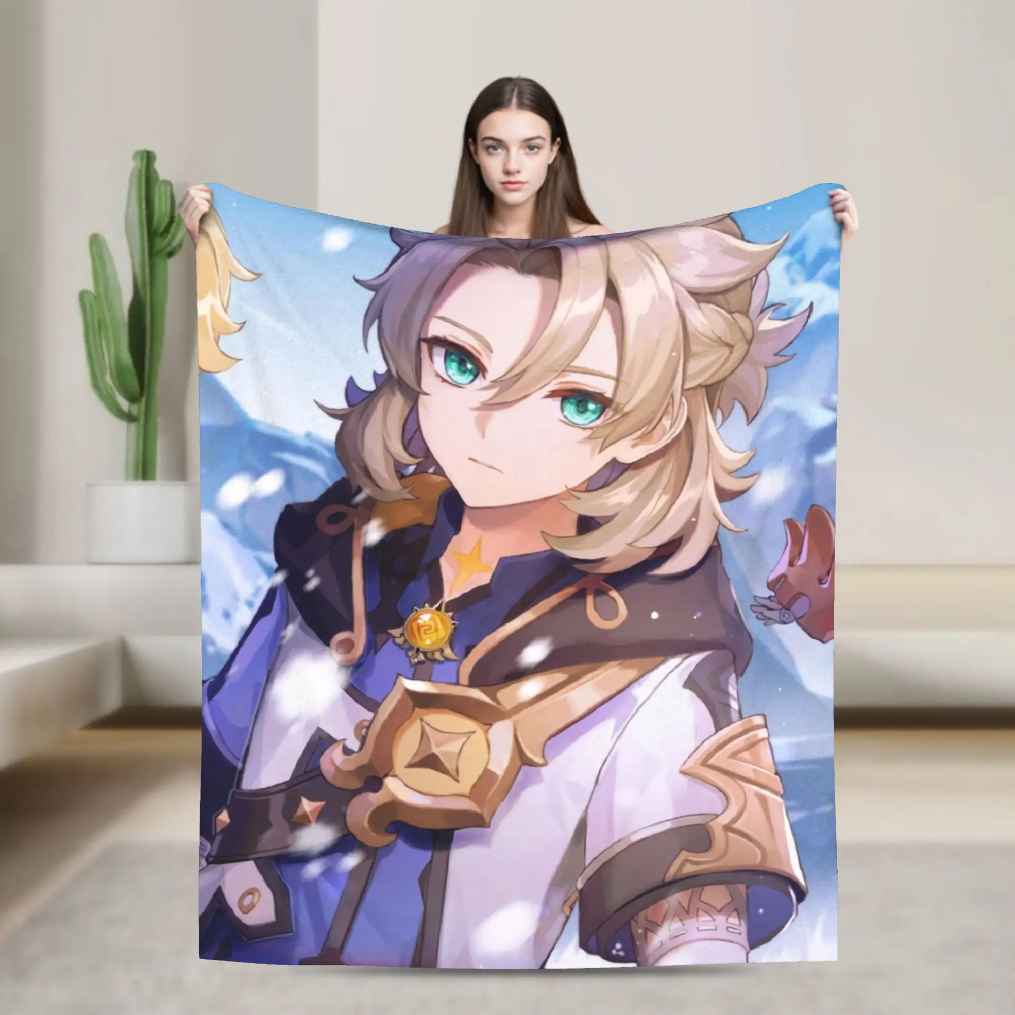 Albedo Genshin Impact Fleece Throw Blankets Cute Amine Game Blankets for Sofa Bedroom Lightweight Thin Quilt