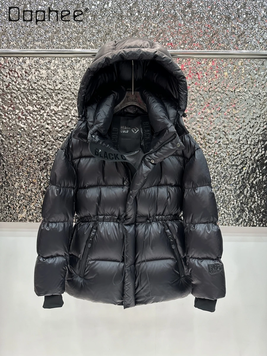 

Black Golden Goose Down Jacket Detachable Hooded Women 2024 New Winter Thickened Warm Drawstring Waist Coat Zipper Pocket Casual