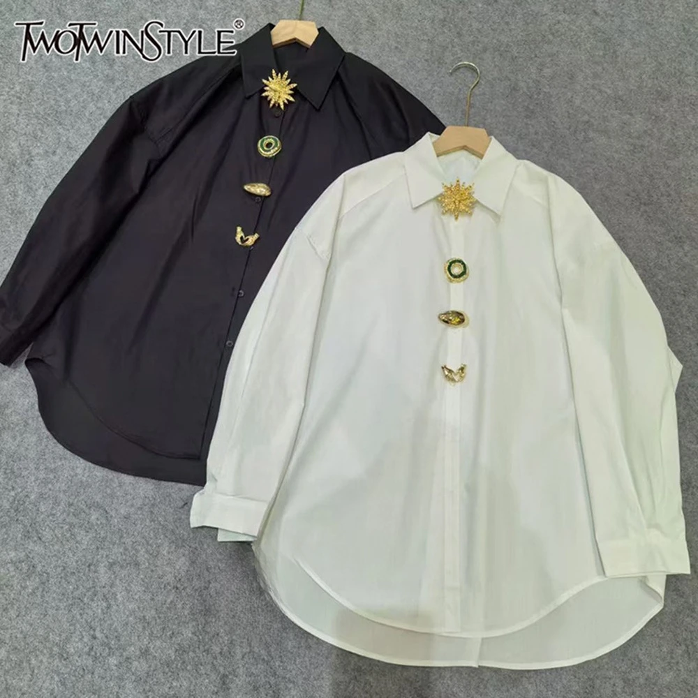 

TWOTWINSTYLE Casual Loose Trend Blouses For Women Lapel Long Sleeve Spliced Button Design Sense Spring Shirts Female KBL556847