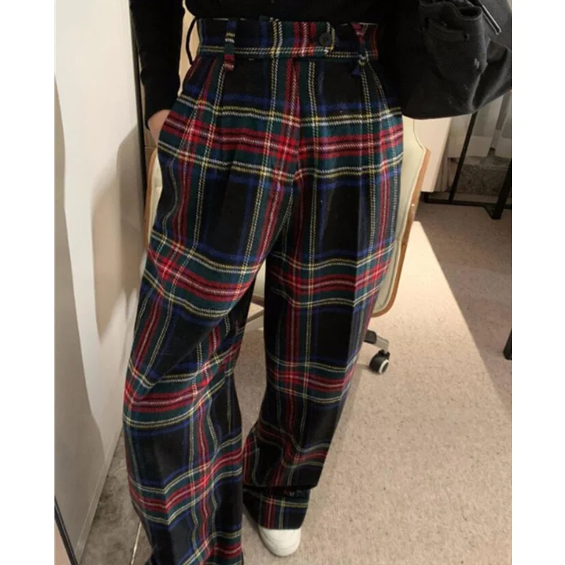 High Waist Women\'s Plaid Pants Streetwear Oversize Wide Leg thicken Woolen Trousers Korean Hip Pop Streetwear Retro Sweatpants