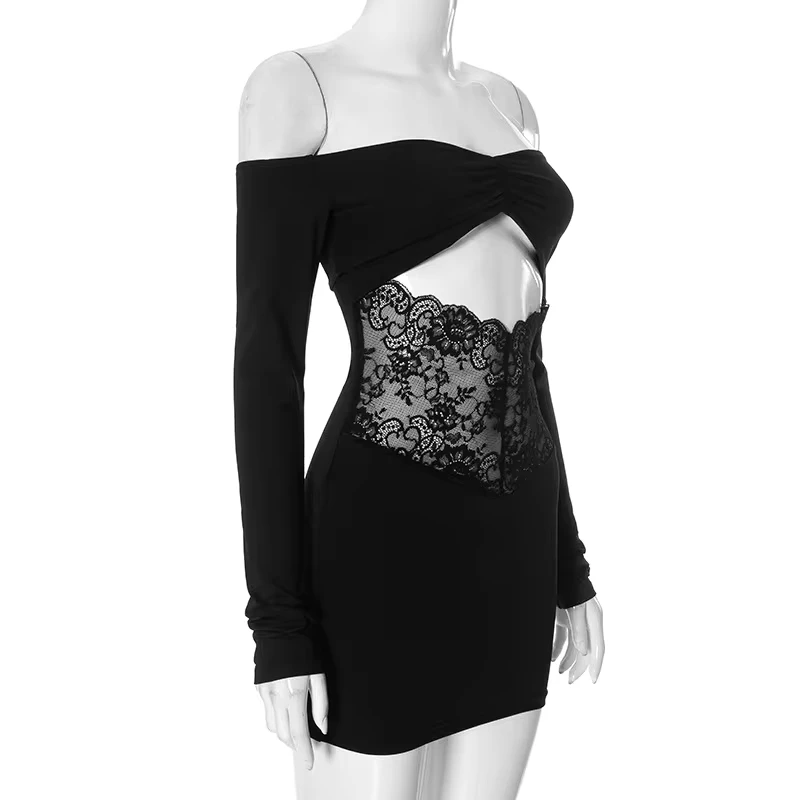 

Spring Spice Girls Sexy One-word Shoulder Hollow Lace Splicing Wrap Dress 2025 New Women's Mini Short