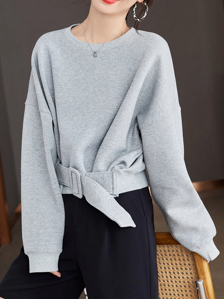 Stylish Grey Sweatshirts Autumn Winter Women Plain Long Sleeve Belt Waist Loose Casual Oversize Pullovers Korean Short Jumper