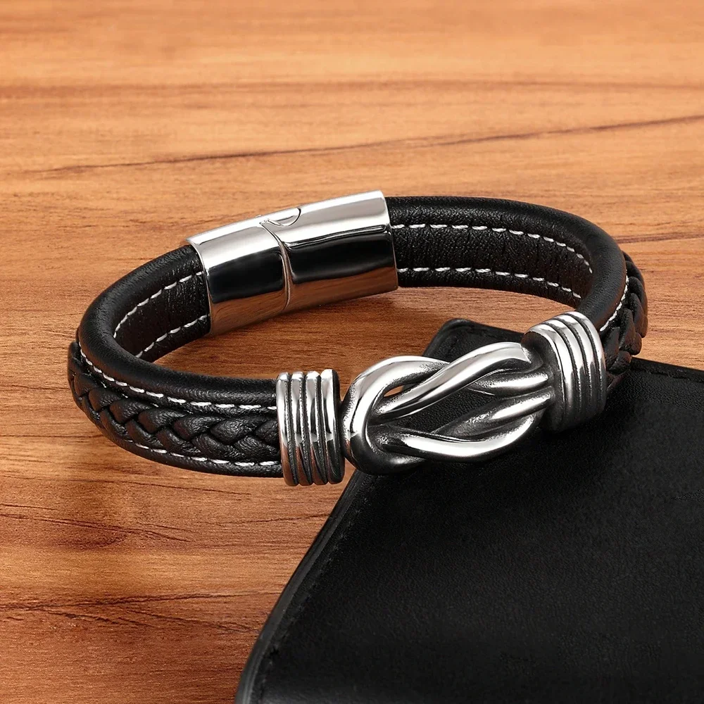 Geometric Stainless Steel Men's Leather Bracelet Hand-woven Magnetic Clasp Black Blue Leather Bangle Christmas Jewelry Gift