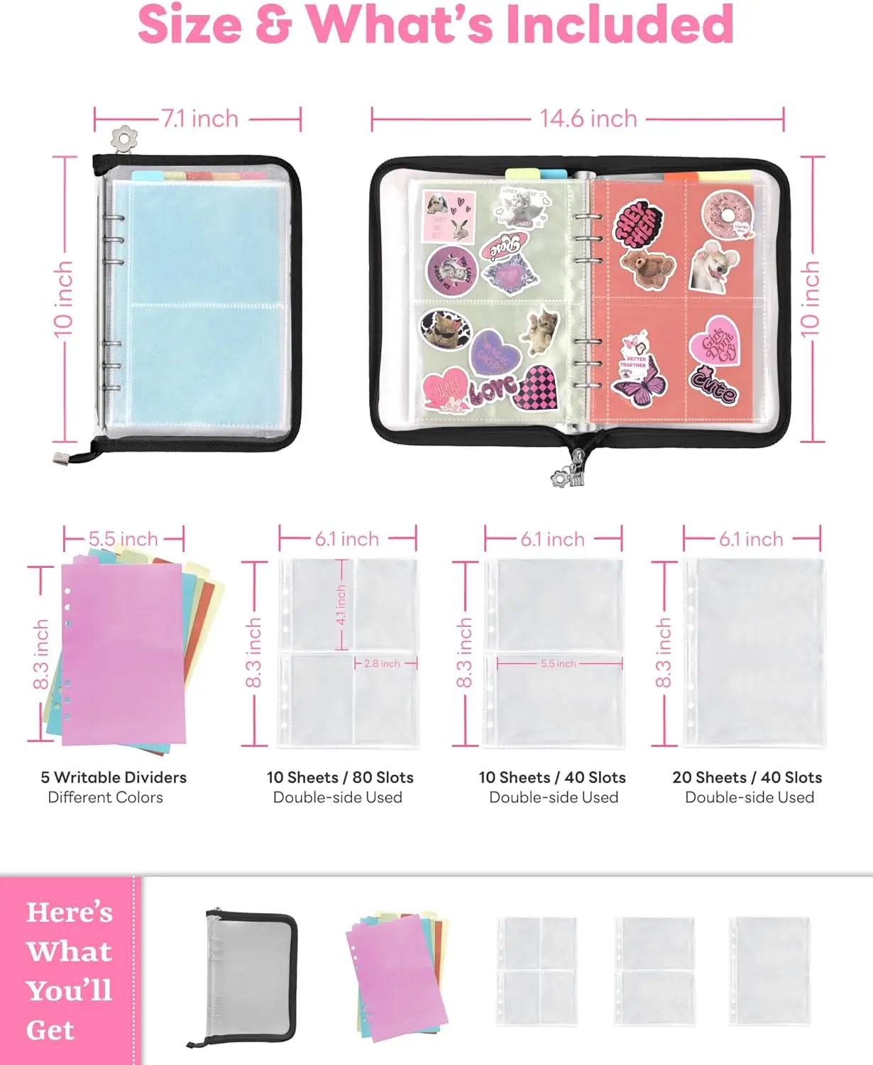 New A5 Sticker Organizer Binder with Zipper - 160 Pockets & 5 Dividers with Tabs,Multi-Use Storage Album for Cards, Photos