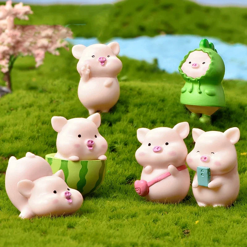 7Pcs/Set Cute Pig Miniatures Resin Micro Landspace Watermelon Pig Shaped Creative Desktop Ornament Craft Gifts