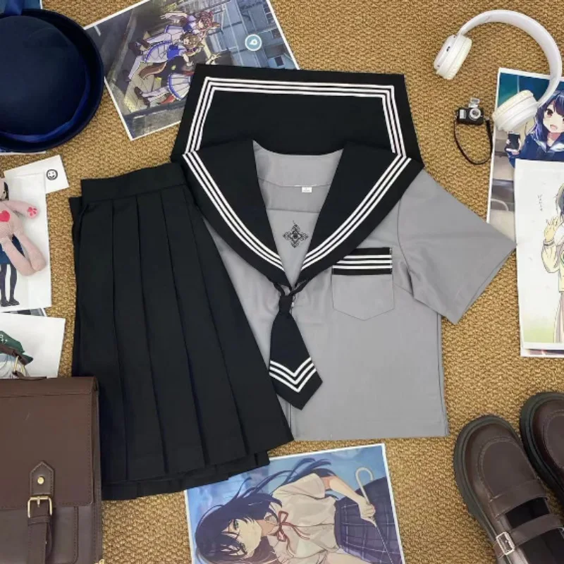 Sweet JK School Uniform, Grey Black Collar Embroidered Sailor Suit,Japanese College Short Skirt for Graduation Photo&Daily Wear