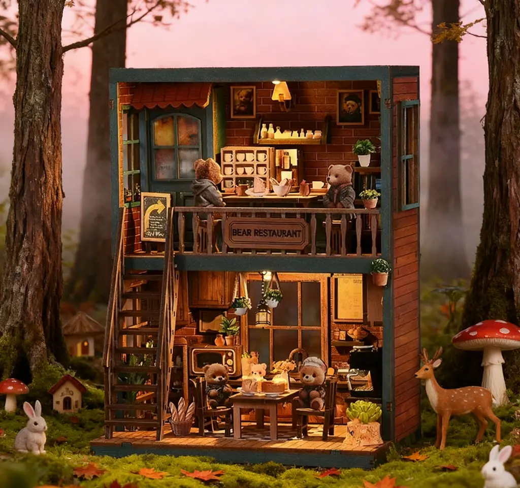 

DIY Bear Restaurant Dollhouse Kit: 3D Puzzle Bookend, Mini Scene Decor with Mini Furniture & Dollhouse Accessories