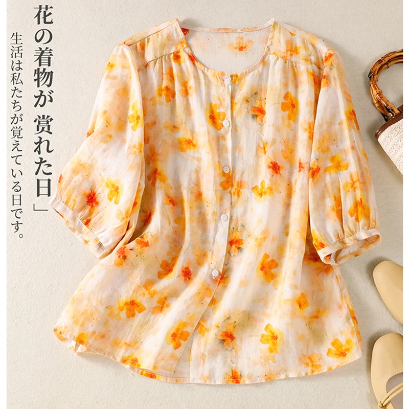 

Women Summer Half-Sleeve Floral Printed Cotton Shirts Blouses Korean Vintage Ethnic Boho Style Casual Loose Big Sizes Yellow Top