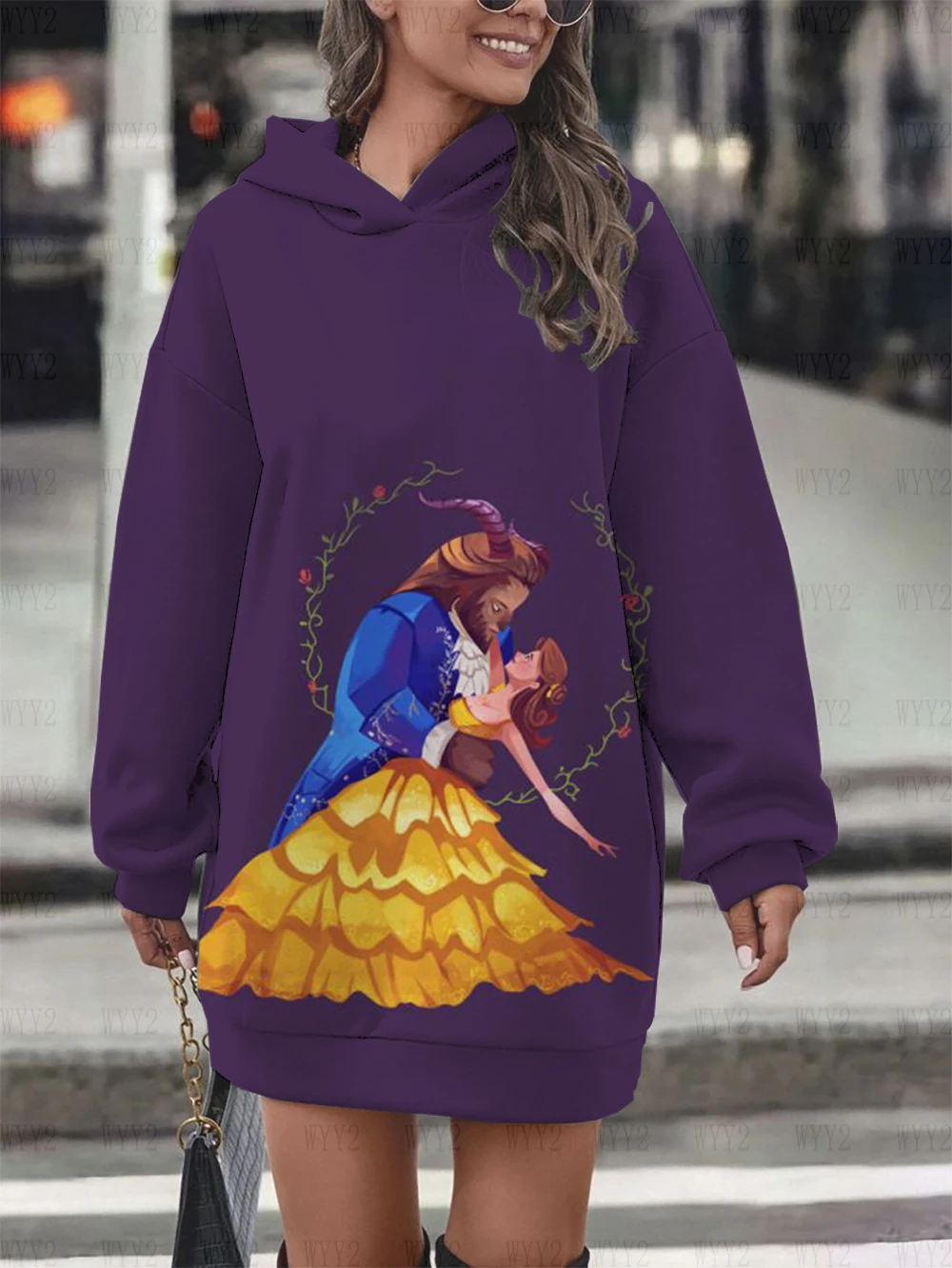 Felpa con cappuccio da donna stampata con motivo cartoon La Bella e la Bestia, felpa con cappuccio da donna classica in stile retrò primaverile e autunnale