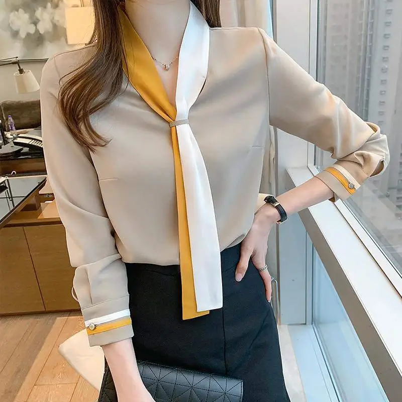 Professional Retro Suit Collar Lace Up Chiffon Shirt for Women\'s Spring Autumn Long Sleeve Western Style Temperament Loose Top