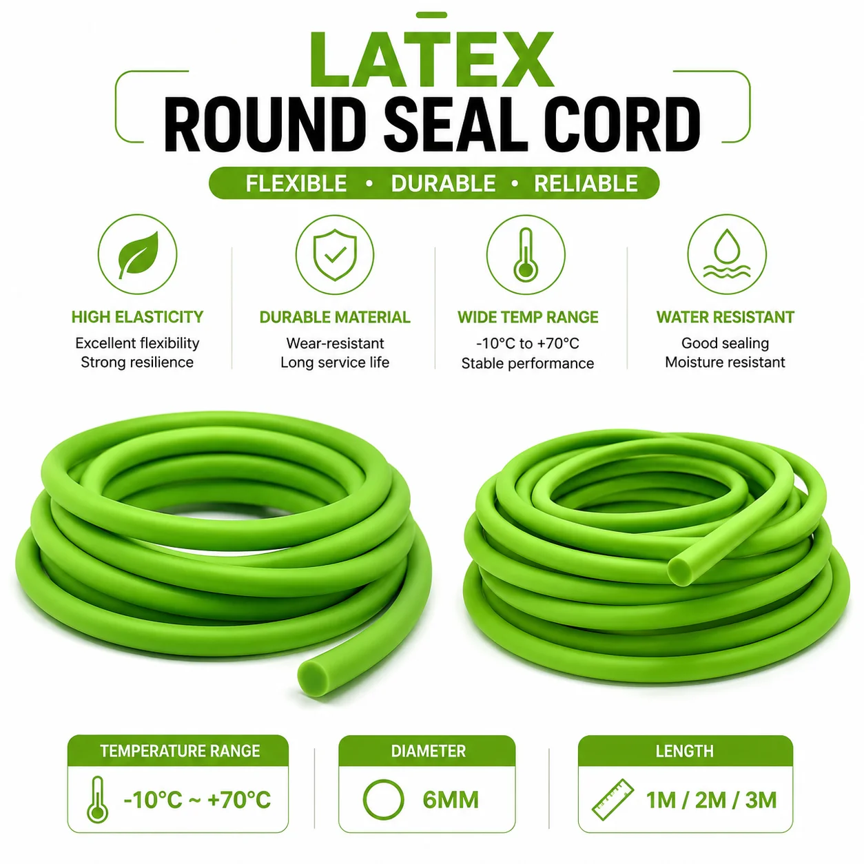 Green Solid Latex Strip, diameter 6mm, flexible buffer rubber strip, industrial equipment gap shock-absorbing sealing strip.