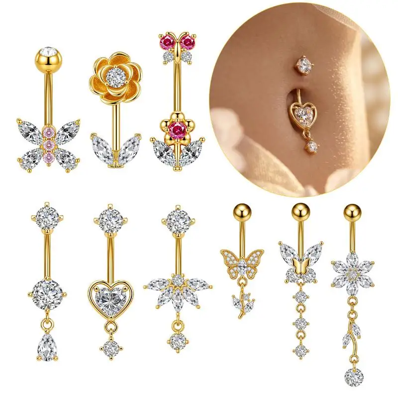 1Pcs Hypoallergenic Belly Button Ring Butterfly Flower Design Shiny Zircon Stainless Steel Body Jewelry for Women Gift Giving