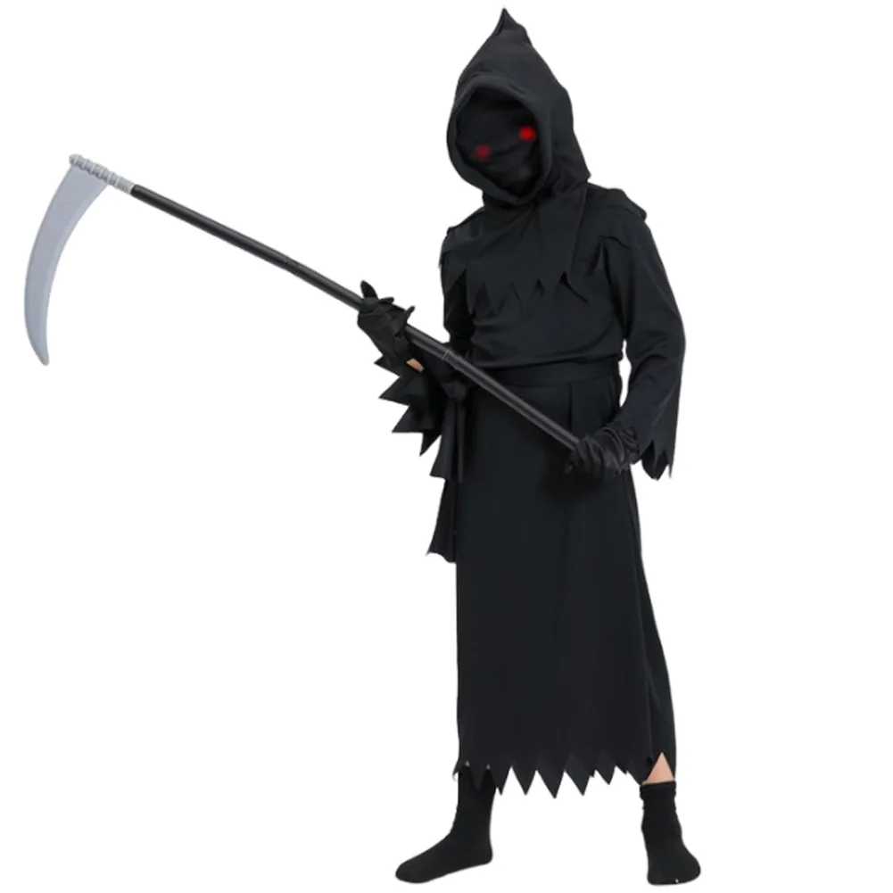 Death Cosplay Costume para Crianças, Role Play, Foice Vestuário, Performance de Palco Assustador, Fantasia Roupas, Óculos para Meninos, Atacado