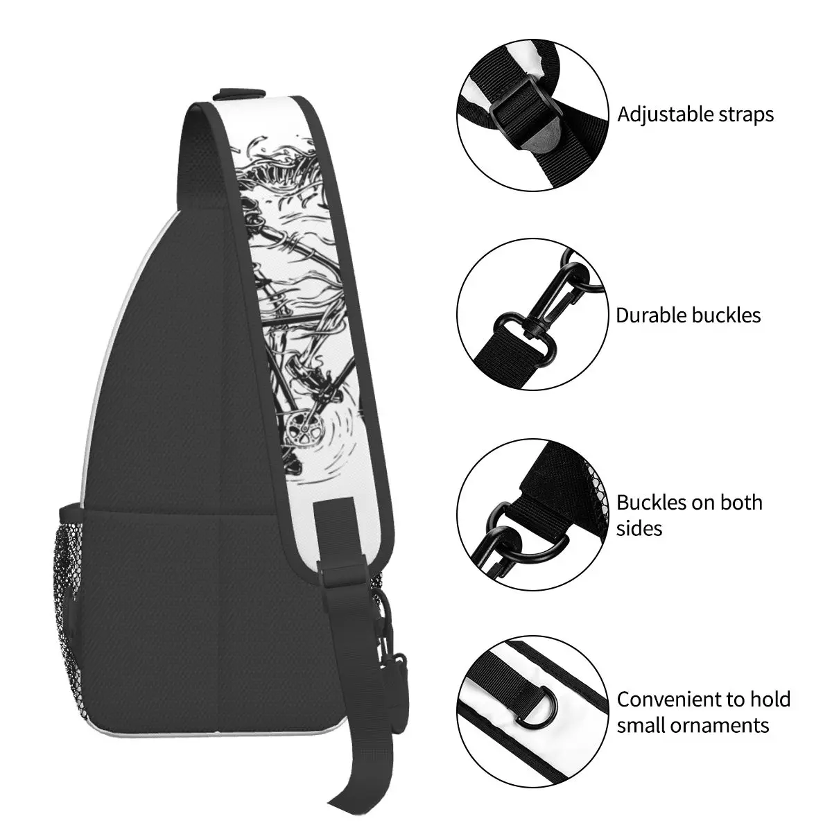 Skelett Schädel Zyklus schwarz Cross body Schulter taschen Mode Brusttasche Schulter Rucksack Tages rucksack zum Wandern Outdoor Camping Pack