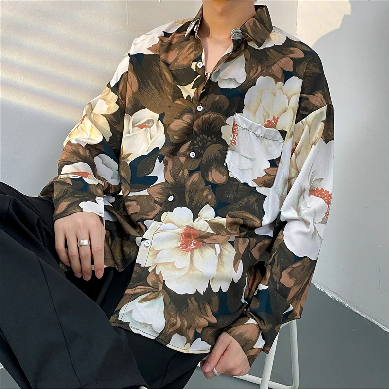 Brown Shirts Men Japanese Streetwear Hip Hop Harajuku Handsome Casual Autumn Camisas Hombre Fashion Print Long Sleeve Stylish