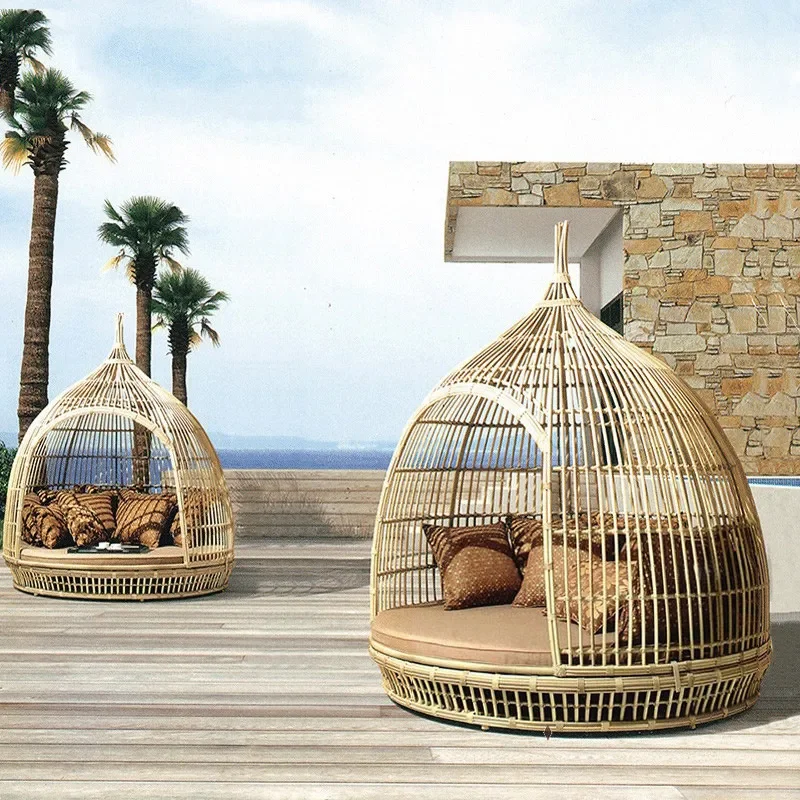 Outdoor Rattan Sofa Bed Birdcage Lounger for Terrace Pool Sea View Room B B Resort Leisure Furniture