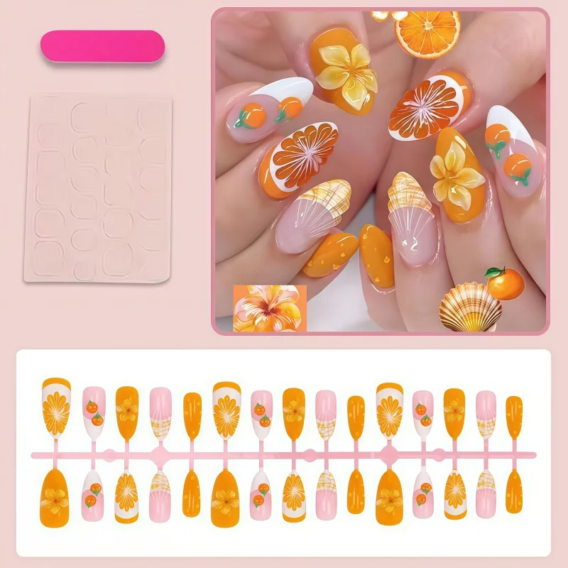 2026New 30pcs 3D Fruit Orange Wearing Armor Orange Gradient Nail Art Fake Nail Wearing Armor