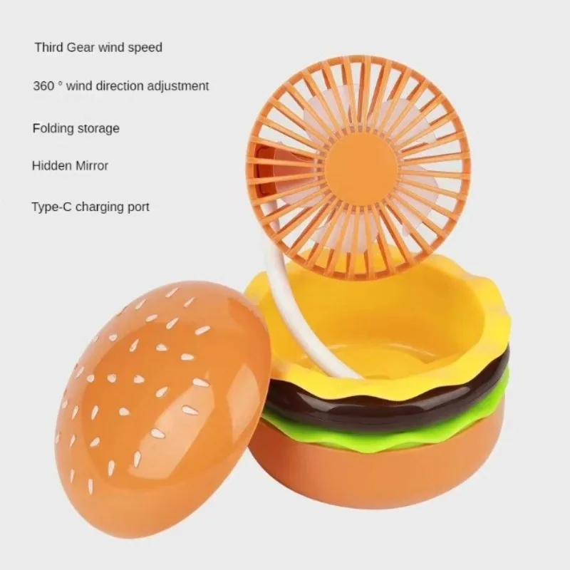 Jouets de sport de plein air en forme de hamburger de dessin animé, mini ventilateur portable, miroir de maquillage de bureau pour fille, cadeau de chargement en plastique