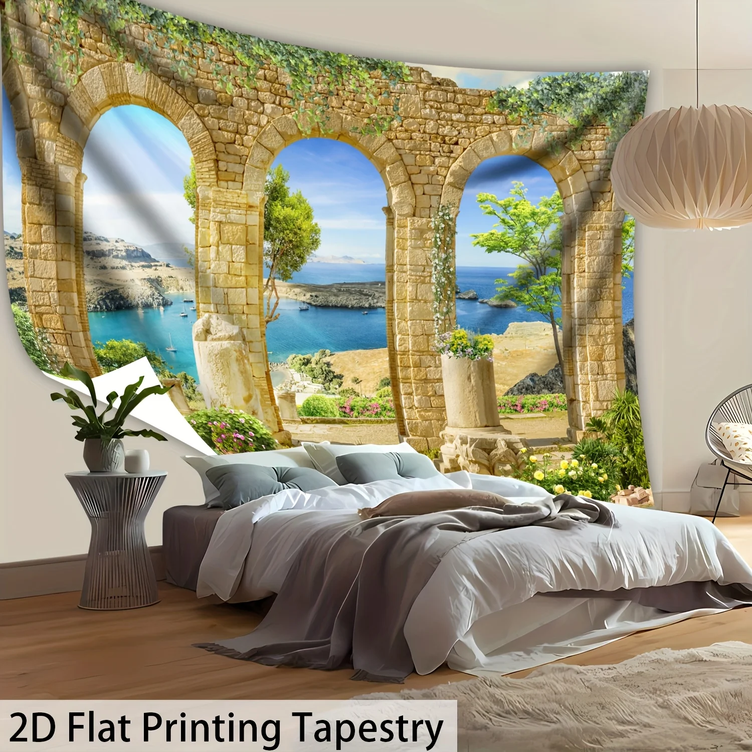 Stone Arch Tapestry, Mediterranean Sea View through Ancient Ruins, Coastal Landscape Wall Hanging for Living Room