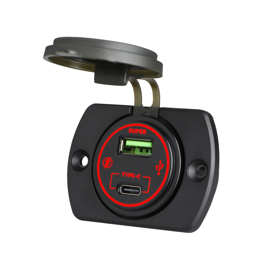 66W Panel Mount LED Ring Dual USB Charging Socket with PD + .0 Support for Cars Trucks Boats RVs and Motorcycles